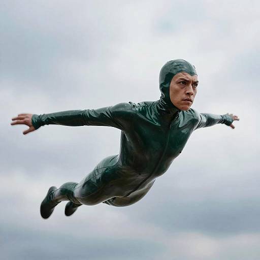 Dynamic Superhero in Green Latex Leotard