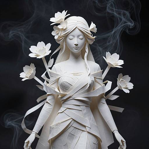 Photograph of a white, paper-crafted, serene female figure with floral hairpieces and floating lotus flowers, set against a smoky, dark