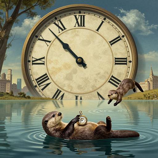 Digital art: Two otters play with a watch in a calm lake, with a giant clock face behind them, against a cityscape.