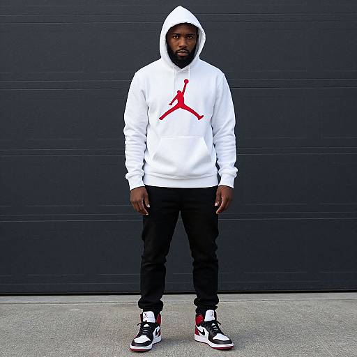 Photograph of a black man with a beard, wearing a white hoodie with a red 