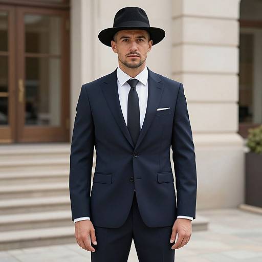 Photograph of a handsome, light-skinned man with a short beard, wearing a black suit, white shirt, black tie, and black hat,