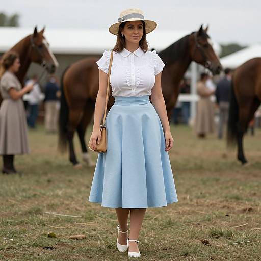 Photograph of a woman in a white blouse and light blue skirt, white hat, white shoes, holding a beige purse, standing in a grassy