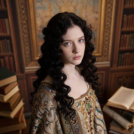 Photograph of a pale-skinned woman with long, curly black hair, wearing an ornate, gold-embroidered gown, standing in a