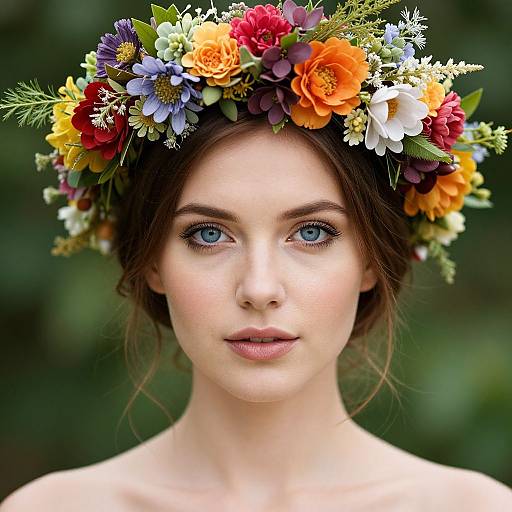 Photograph of a fair-skinned woman with blue eyes, wearing a colorful flower crown, against a blurred green background, looking directly at the camera.