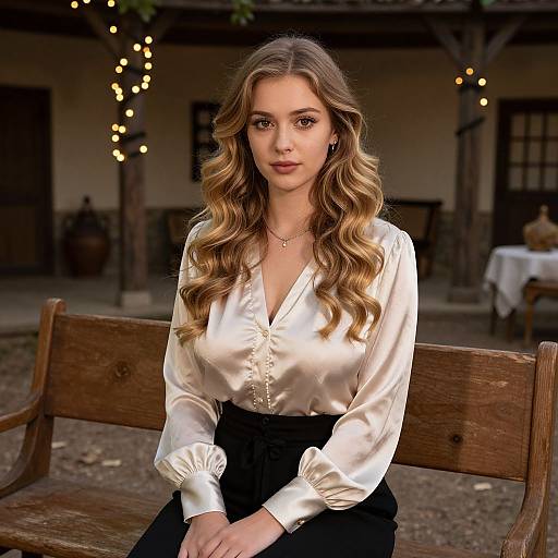 Photograph of a young woman with long, wavy blonde hair, wearing a white satin blouse and black skirt, seated on a wooden bench in a