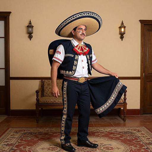 Photograph of a man in traditional Mexican attire, wearing a large sombrero, black embroidered vest, white shirt, red bowtie, and holding a