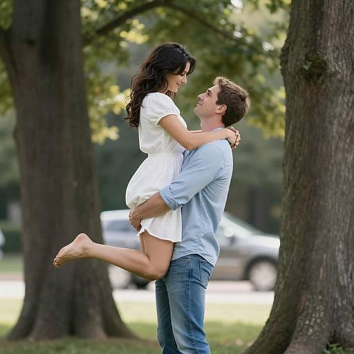 Sunlit Garden Couple Lifted Embrace