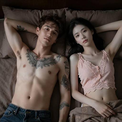 Dimly Lit Intimate Couple on Bed