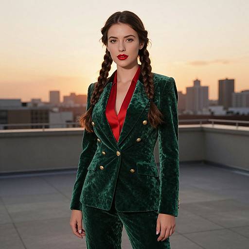 Photograph of a woman with fair skin and red lipstick, wearing a green velvet blazer with gold buttons and red satin shirt, standing on a rooftop