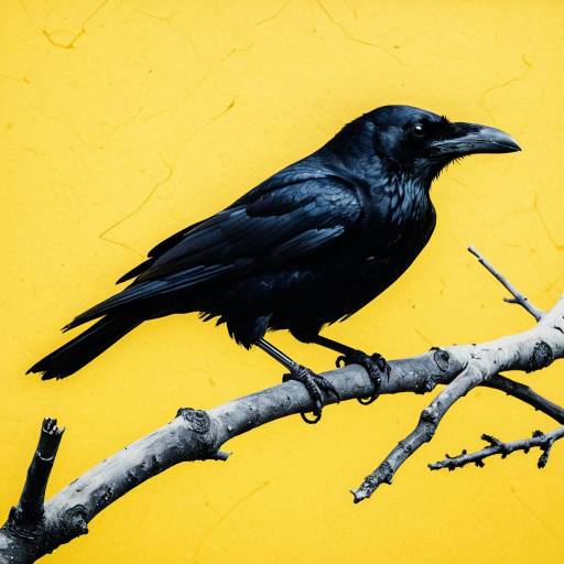Black Raven on Branch with Yellow Background Black Raven on Branch with Yellow Background
