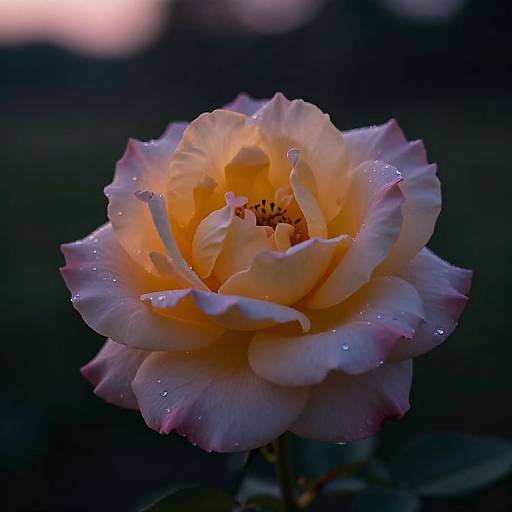 Close-up photograph of a pink and white rose with dewdrops on its petals, illuminated by soft, warm light against a dark, blurred background.