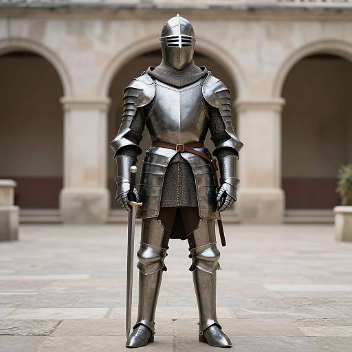 Photorealistic CGI of a medieval knight in full shiny silver armor, standing with a sword in a stone courtyard, arches in the background.
