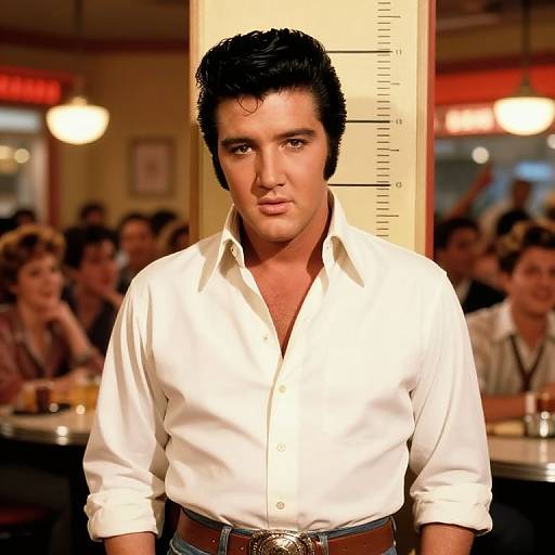 Photograph of a handsome man with dark, wavy hair, wearing an unbuttoned white shirt, standing in a bustling restaurant, with a height