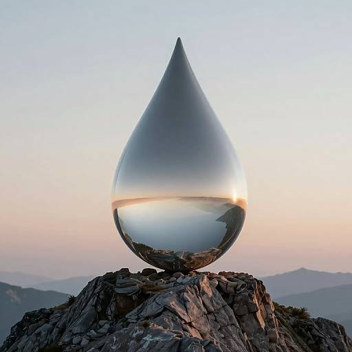 Photograph of a large, reflective glass teardrop sculpture balanced on a rocky mountain peak, with a soft pink and blue sunset sky in the background