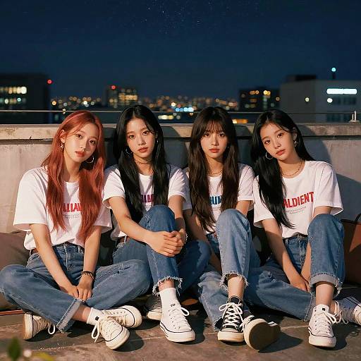 Four young Asian women with long hair, wearing white 