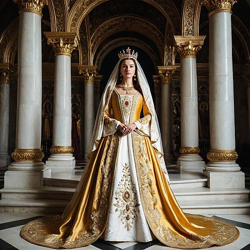Regal Queen in Ornate Golden Renaissance Gown
