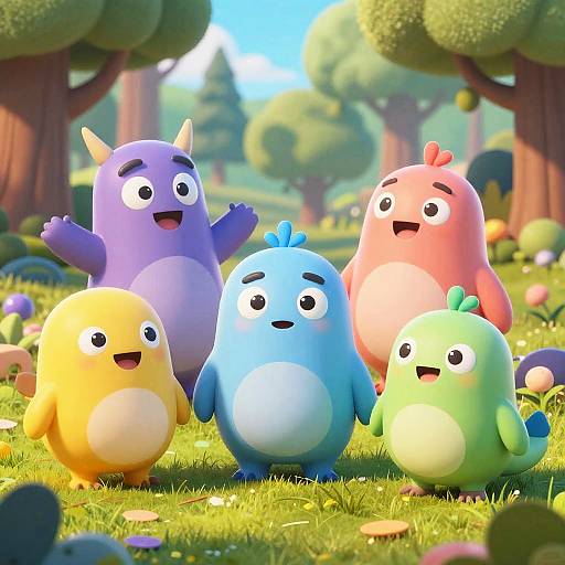 Bright, colorful CGI image of five cute, round, cartoonish creatures with different colors (purple, blue, pink, yellow, green) standing on