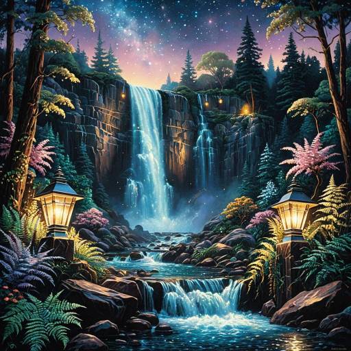 Majestic Waterfall with Glowing Lanterns at Night Majestic Waterfall with Glowing Lanterns at Night