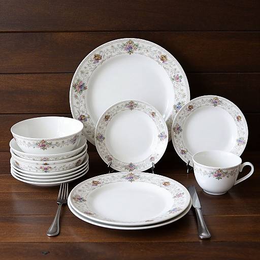 Photograph of a white floral-patterned dinner set, including plates, cups, and saucers, neatly stacked on a dark wooden table.