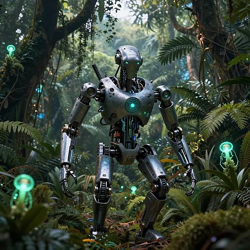 Photorealistic CGI of a silver, glowing mechanical humanoid standing in a dense, misty jungle with luminescent plants and trees.