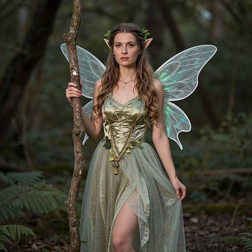 Photograph of a fair-skinned, brown-haired fairy with pointed ears, wearing a gold corset and translucent green skirt, holding a tree branch,