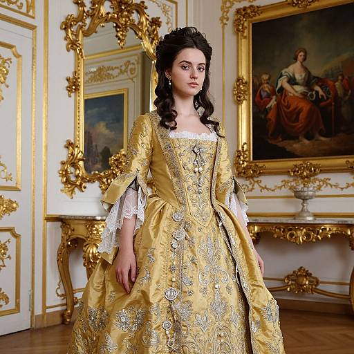 Photograph of a fair-skinned woman with dark curly hair in an ornate, gold Renaissance-style dress, standing in a luxurious, gold-accent