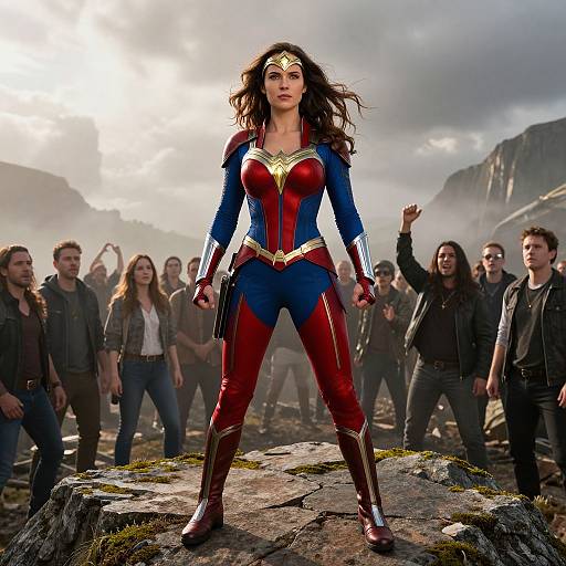 Photograph of empowered Wonder Woman standing confidently on rocky terrain, surrounded by determined allies, under a dramatic cloudy sky.