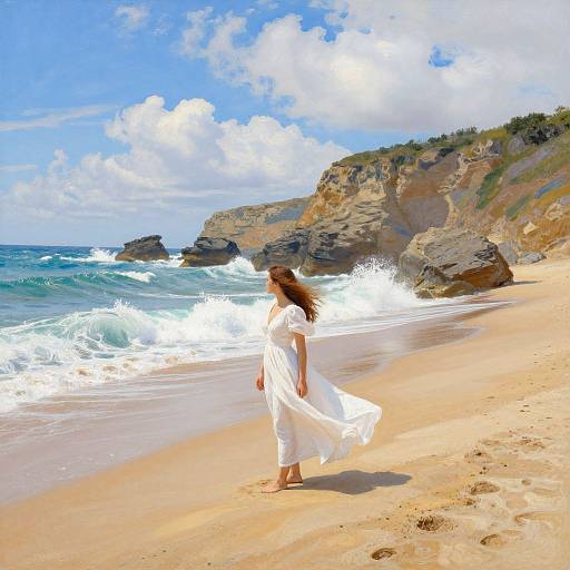 Photograph of a woman in a flowing white dress standing on a sandy beach with rocky cliffs and crashing waves under a bright blue sky.