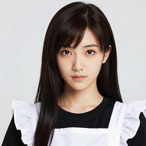 Photograph of an East Asian young woman with long black hair, fair skin, and large dark eyes, wearing a black top with white puffy sleeves
