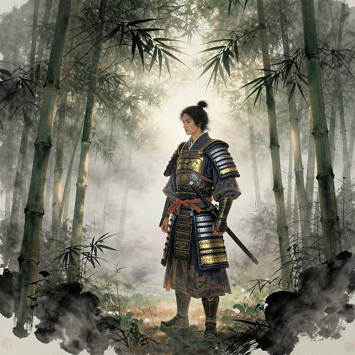 Digital painting of a samurai in detailed armor standing in a misty bamboo forest, holding a sword, illuminated by soft light.