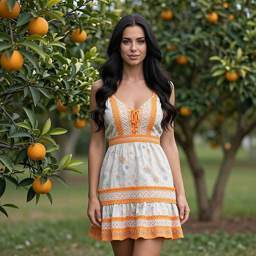 Photograph of a young woman with long black hair, wearing a white lace dress with orange stripes, standing in an orange tree grove, surrounded by