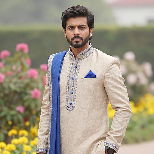 Indian Man in Beige and Blue Sherwani in Garden