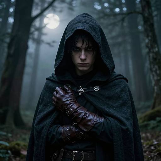 Mysterious forest scene photograph of a hooded, serious young man with dark eyes, wearing a black cloak, brown leather gloves, and a silver bro
