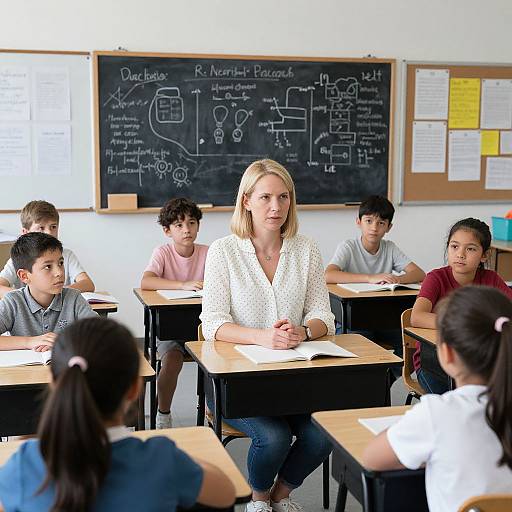 Photograph of a blonde female teacher in a white blouse, standing in a classroom with six students at desks, blackboard with diagrams and notes in the