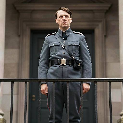 Man in Historical Military Uniform on Balcony