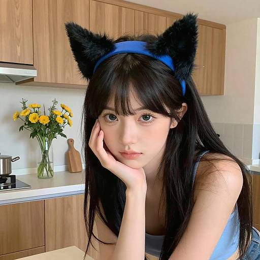 Nude Woman with Cat Ears in Kitchen