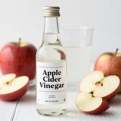 Photograph of a clear glass bottle of Apple Cider Vinegar with a silver cap, surrounded by whole and halved red apples on a white wooden