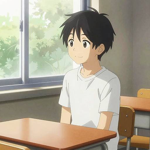 Anime-style digital drawing of a young boy with black hair, wearing a white t-shirt, seated at a classroom desk by a sunlit window.