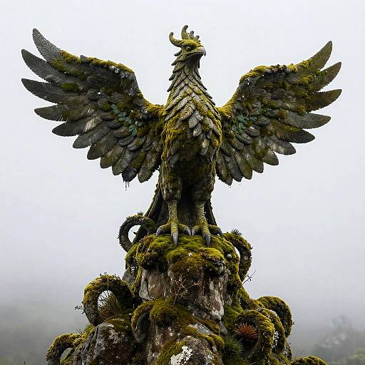 Moss-covered, winged sculpture of a mythical bird with outstretched wings, perched on a mossy, twisted stone pedestal, against a