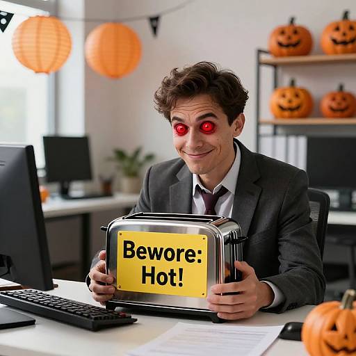 Photograph of a man in a black suit with glowing red eyes, holding a toaster labeled 