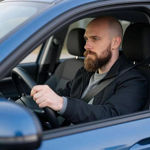 Serious Bearded Man Driving Blue Car
