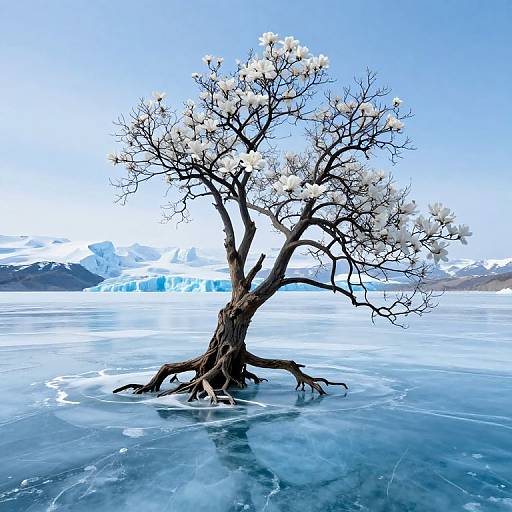 Photograph of a solitary, leafless tree with white blossoms standing in icy, blue-tinged water, set against a bright blue sky and
