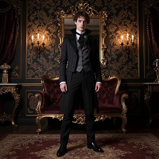 Photograph of a stern, dark-haired man in black pinstripe suit and gray vest, standing in ornate, gothic-style room with gold