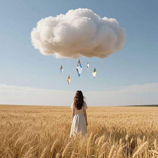 Photograph of a woman in a white dress standing in a golden wheat field, gazing at a white cloud with floating diamond-shaped lights against a clear