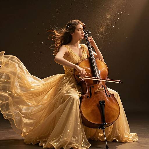 Photograph of a brunette woman with flowing golden dress, playing a cello, surrounded by sparkling dust, against a dark background.