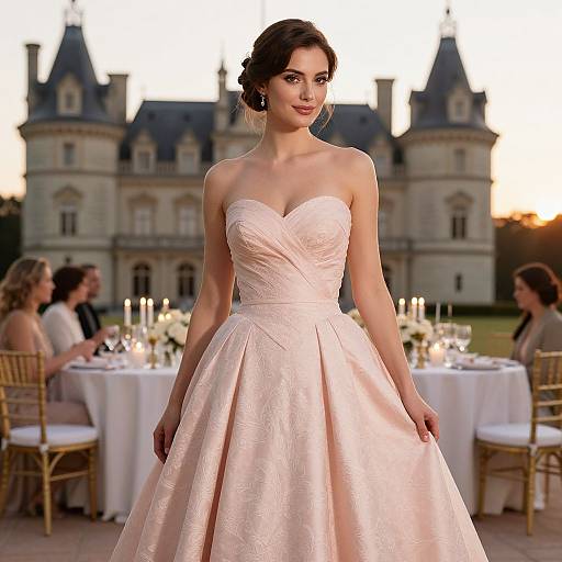 Photograph of a brunette woman in a strapless, pink, textured ball gown, standing in front of a castle at sunset, with elegantly set