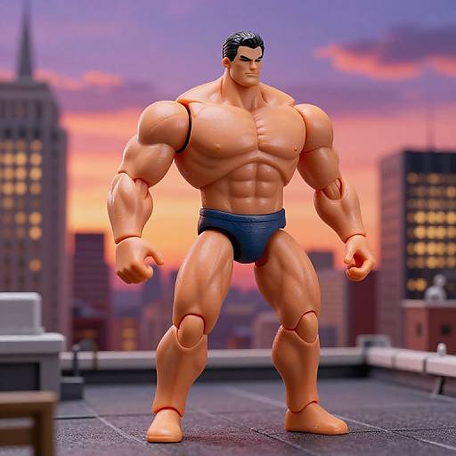 Photorealistic CGI of a muscular, tan-skinned, black-haired man in blue briefs, standing on a rooftop at sunset with city skyline.