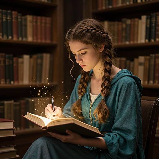 Young woman with braided hair in a blue dress reads a glowing book in a dimly lit library. Magical sparks surround her. Photographic image.