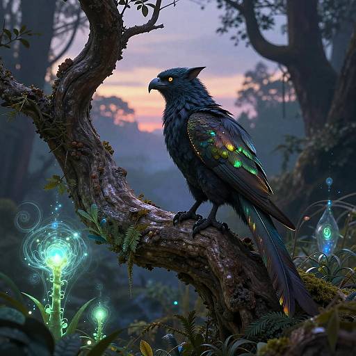 Digital fantasy artwork of a glowing, multicolored bird with iridescent feathers perched on a mossy, enchanted forest tree at dusk.