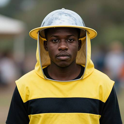 Photograph of a serious-looking young African man wearing a yellow and black striped beekeeper suit with a clear helmet visor. Blurred outdoor background.